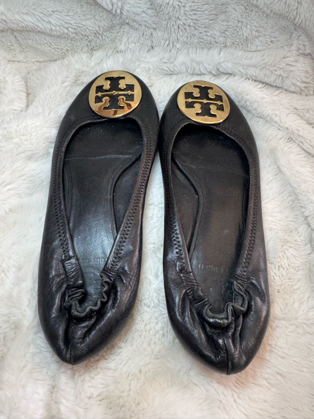Tory Burch Black Leather Ballet Flats with Gold Logo Medallions - Picture 3 of 7